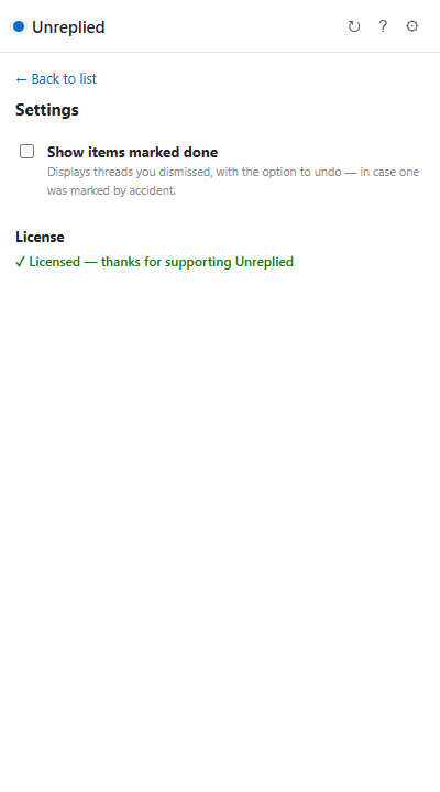 Settings view with the show-done toggle and license status